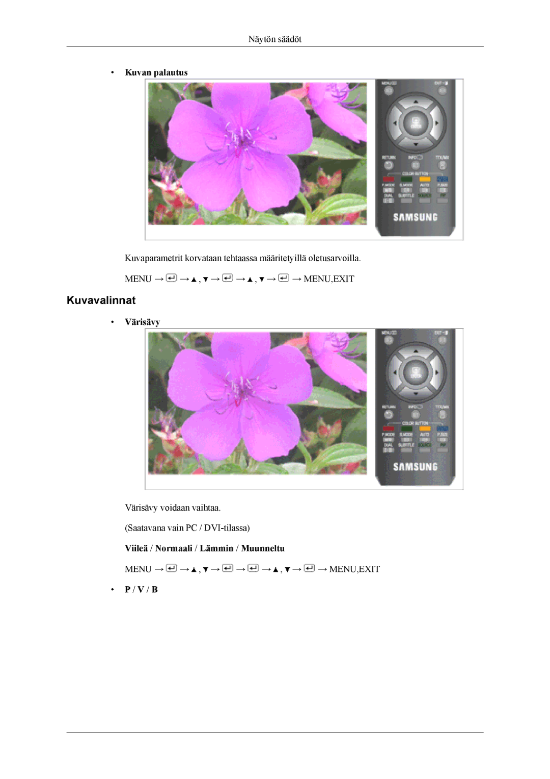 Samsung LS19CFVKF/XE, LS19CFEKF/EN manual Kuvavalinnat, Kuvan palautus, Värisävy, Viileä / Normaali / Lämmin / Muunneltu 