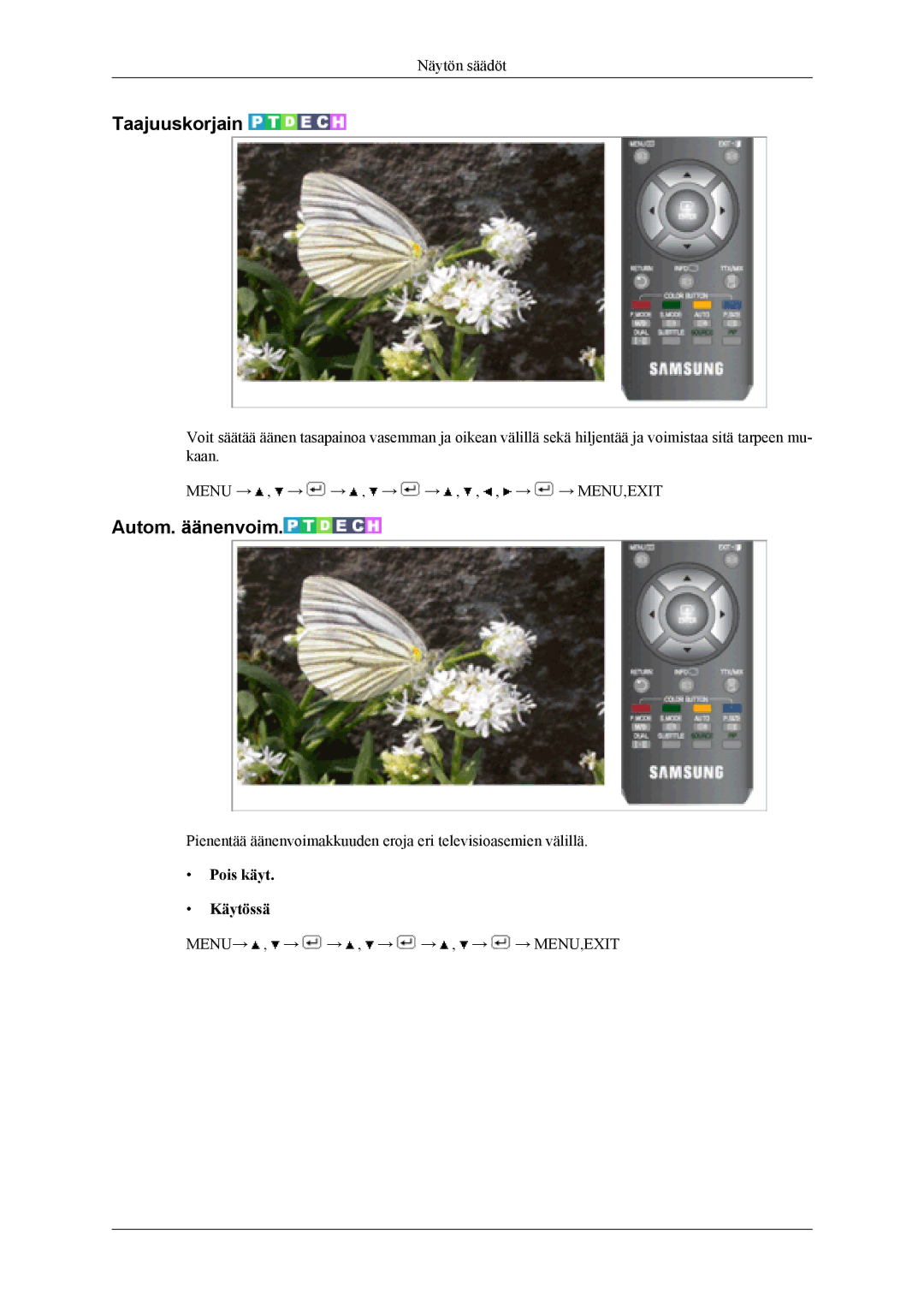 Samsung LS19CFVKF/XE, LS19CFEKF/EN manual Taajuuskorjain, Autom. äänenvoim, Pois käyt Käytössä 