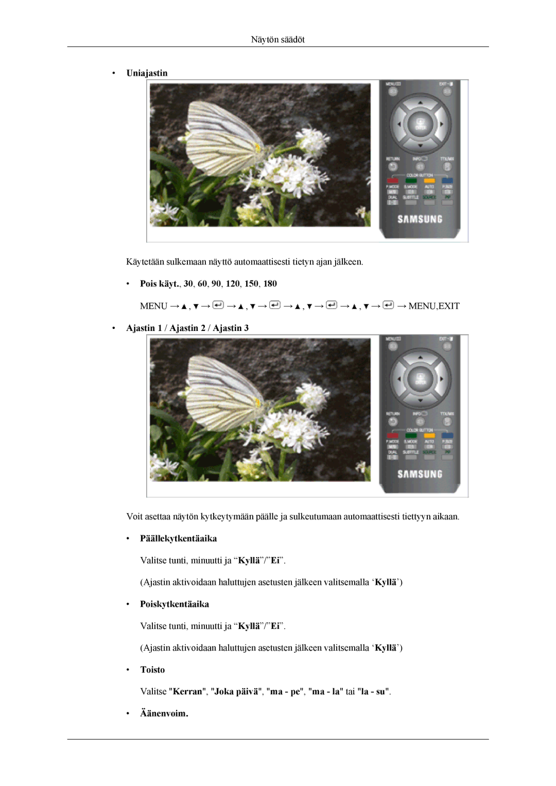 Samsung LS19CFEKF/EN Uniajastin, Pois käyt., 30, 60, 90, 120, 150, Ajastin 1 / Ajastin 2 / Ajastin, Päällekytkentäaika 