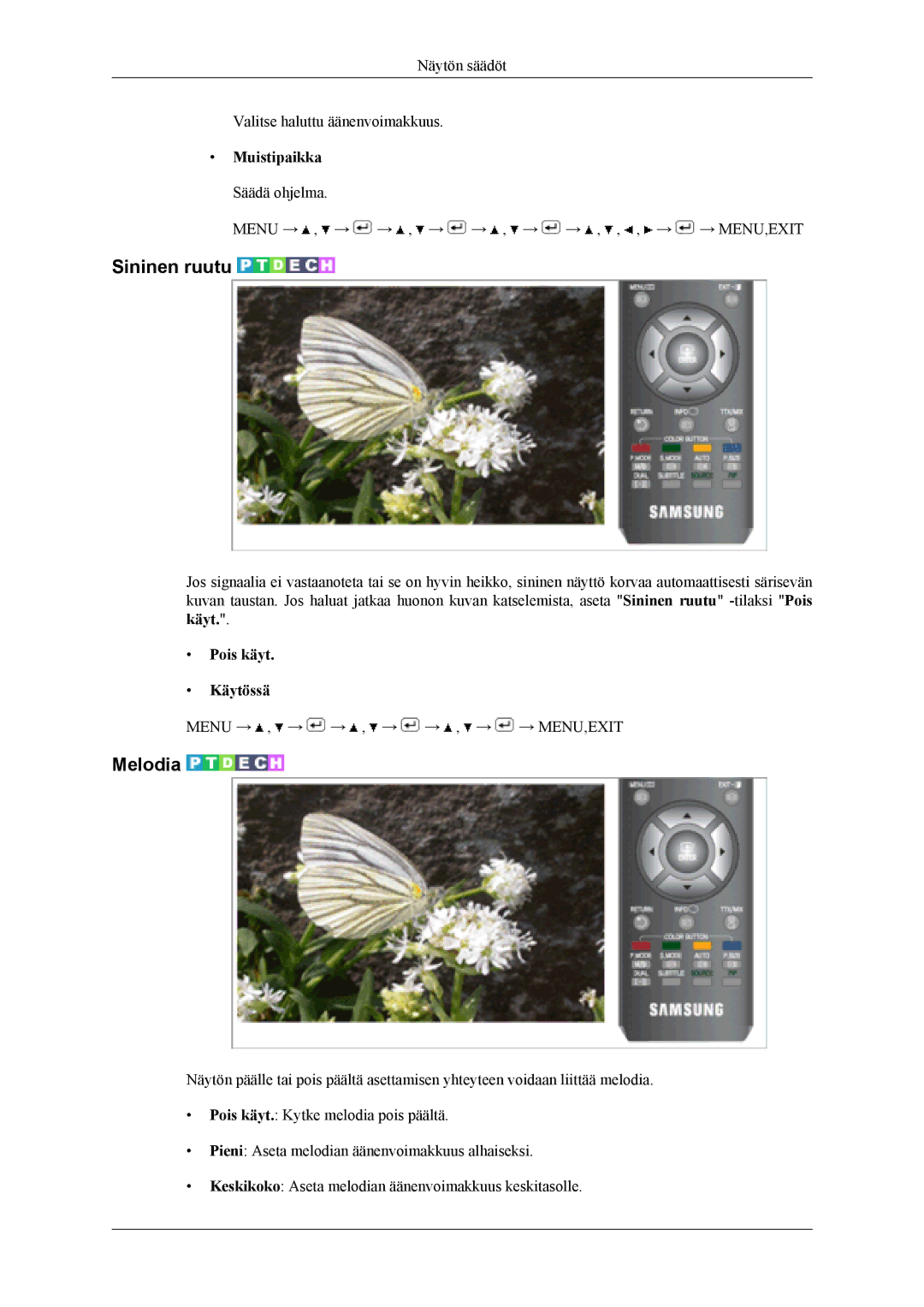 Samsung LS19CFVKF/XE, LS19CFEKF/EN manual Sininen ruutu, Melodia, Muistipaikka Säädä ohjelma 