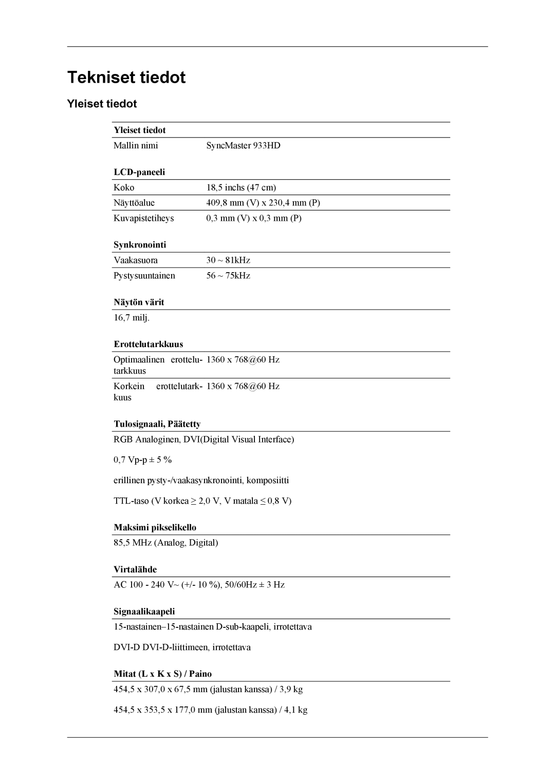 Samsung LS19CFEKF/EN, LS19CFVKF/XE manual Tekniset tiedot, Yleiset tiedot 