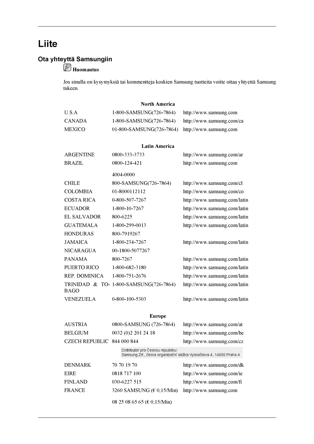 Samsung LS19CFVKF/XE, LS19CFEKF/EN manual Liite, Ota yhteyttä Samsungiin, North America, Latin America, Europe 