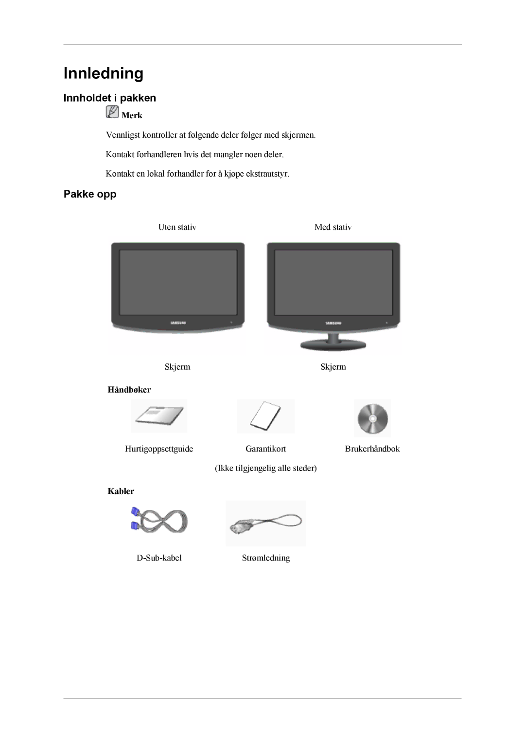 Samsung LS19CFEKF/EN, LS19CFVKF/XE manual Innledning, Innholdet i pakken, Pakke opp, Håndbøker, Kabler 