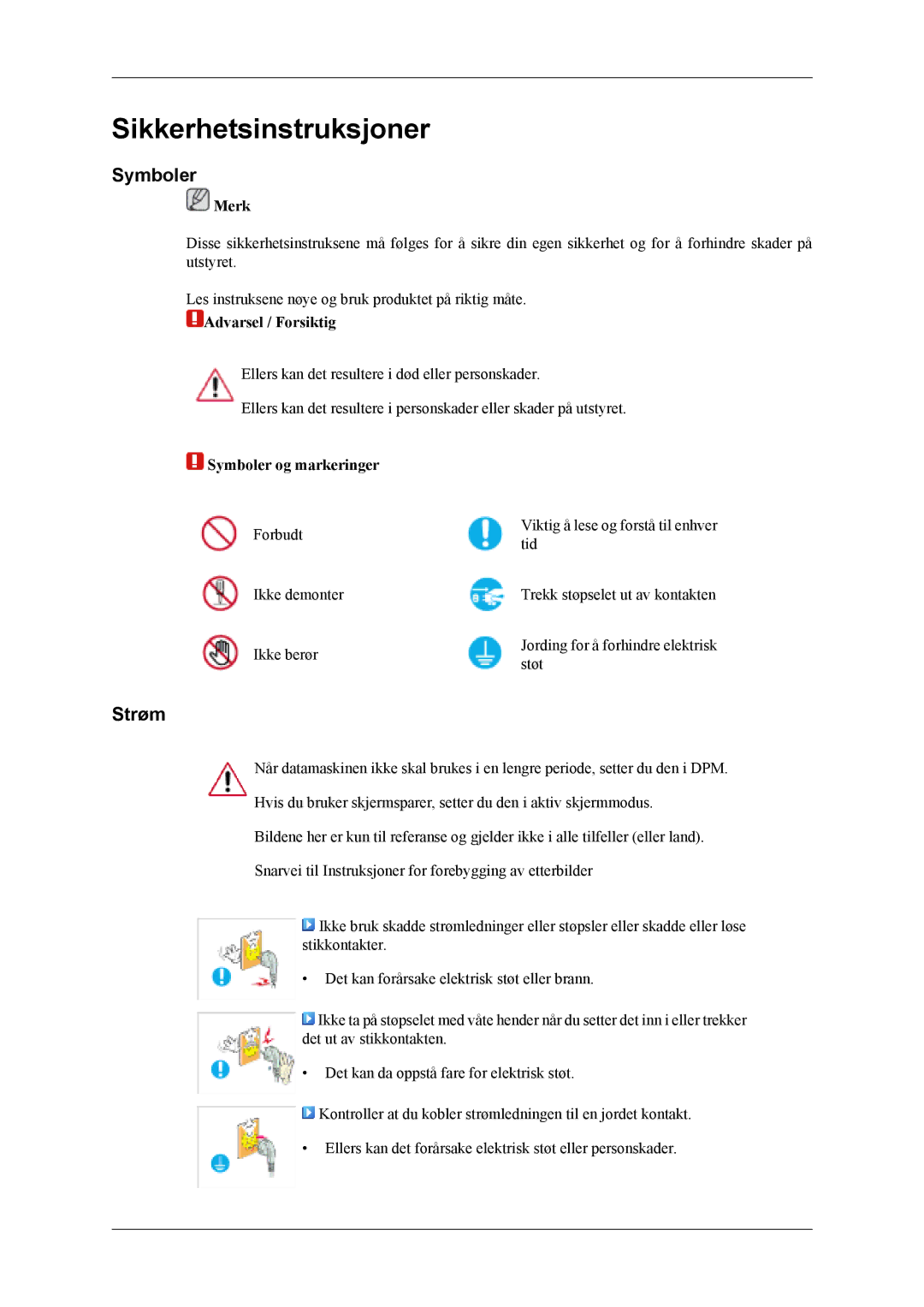 Samsung LS19CFEKF/EN, LS19CFVKF/XE manual Sikkerhetsinstruksjoner, Strøm, Merk, Symboler og markeringer 