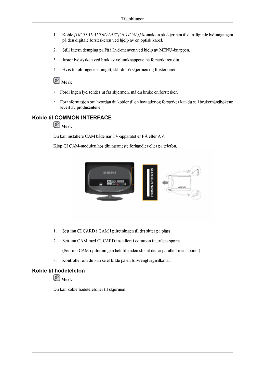 Samsung LS19CFVKF/XE, LS19CFEKF/EN manual Koble til Common Interface, Koble til hodetelefon 