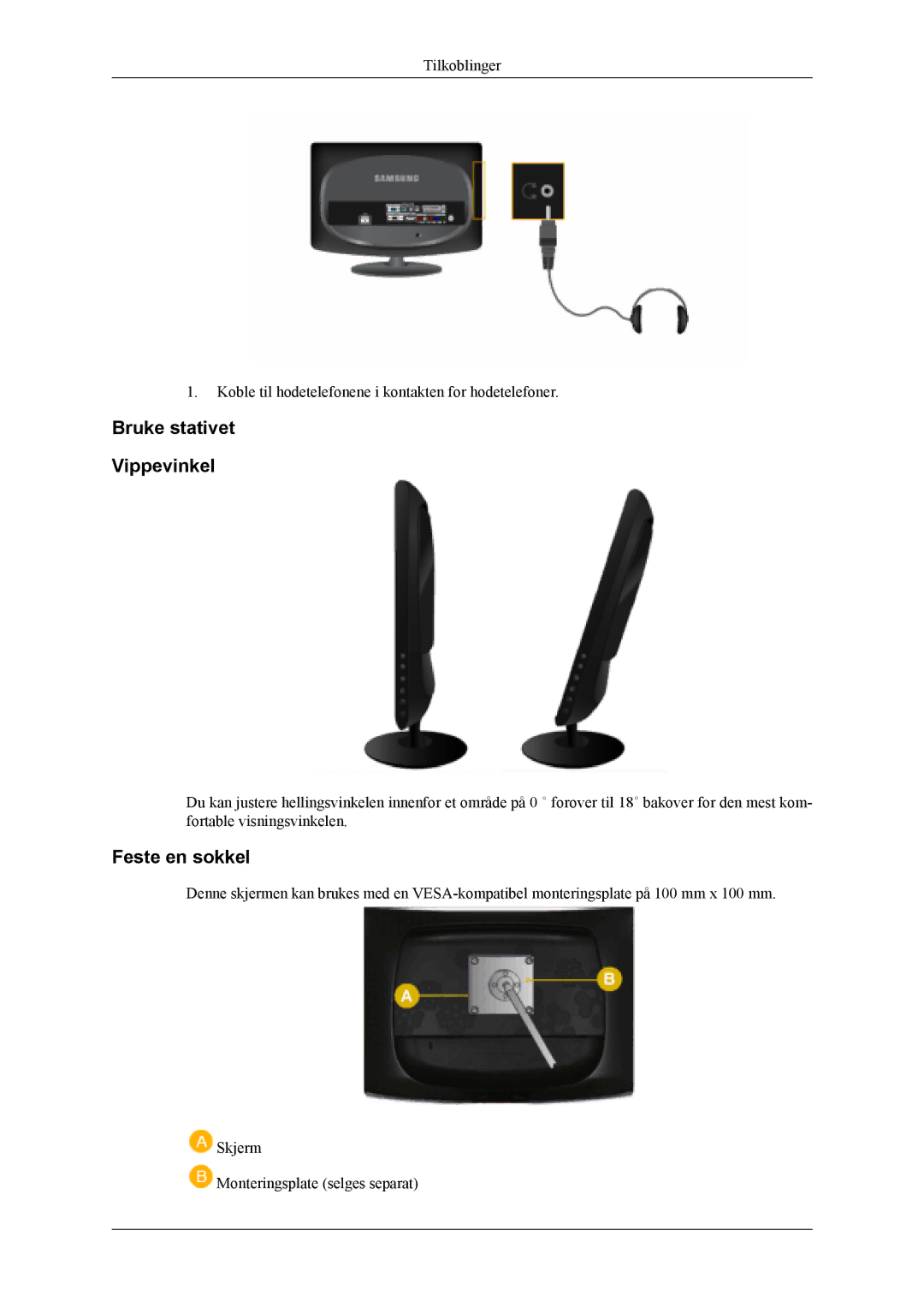 Samsung LS19CFEKF/EN, LS19CFVKF/XE manual Bruke stativet Vippevinkel, Feste en sokkel 