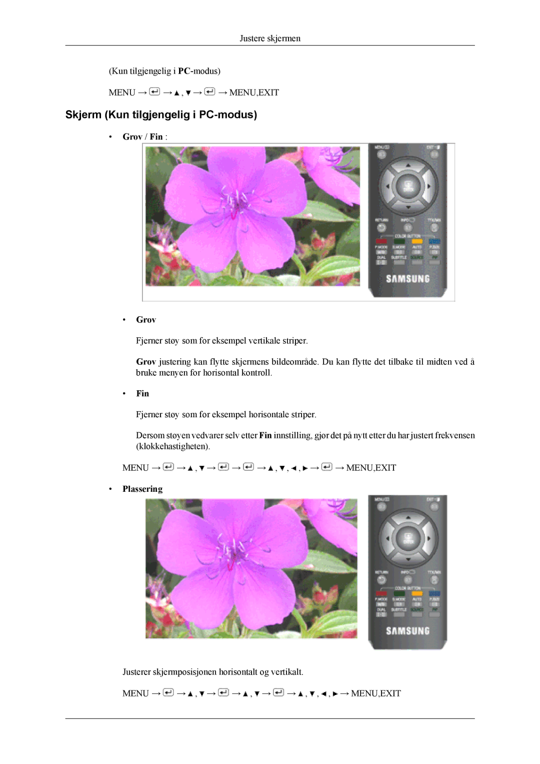 Samsung LS19CFEKF/EN, LS19CFVKF/XE manual Skjerm Kun tilgjengelig i PC-modus, Grov / Fin, Plassering 