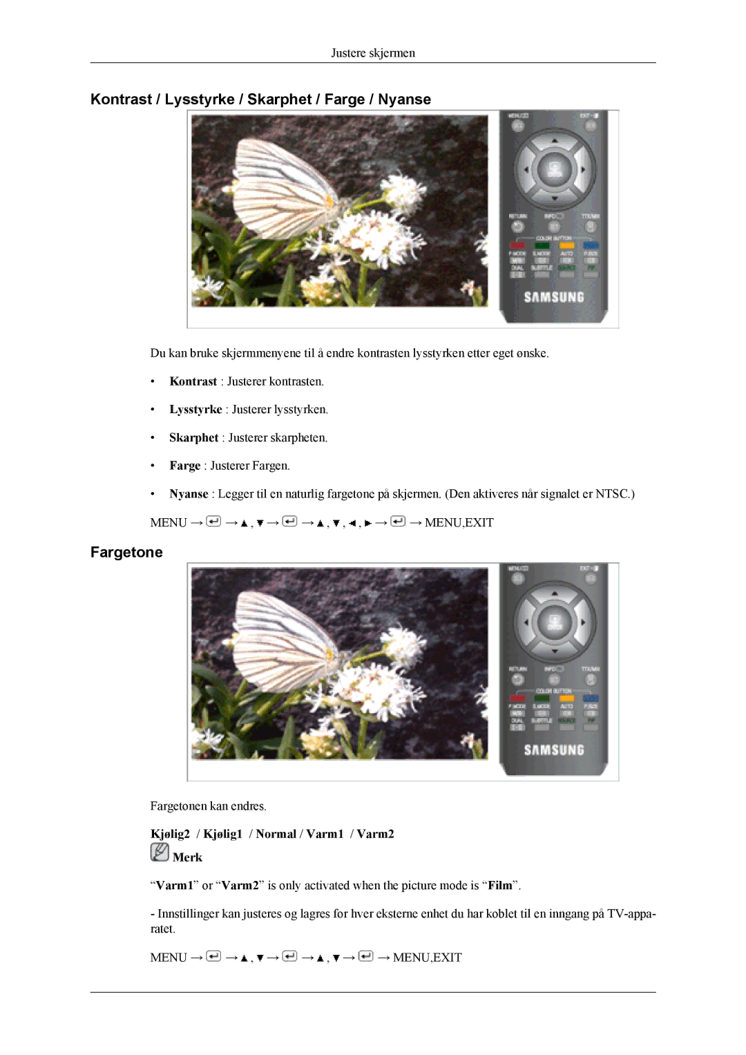 Samsung LS19CFEKF/EN, LS19CFVKF/XE manual Kontrast / Lysstyrke / Skarphet / Farge / Nyanse, Fargetone 