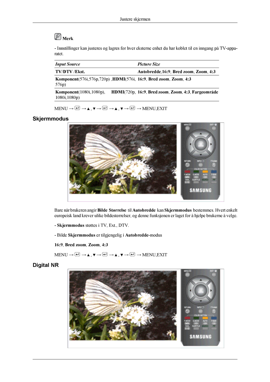 Samsung LS19CFEKF/EN, LS19CFVKF/XE manual Skjermmodus, Digital NR, 169, Bred zoom, Zoom 