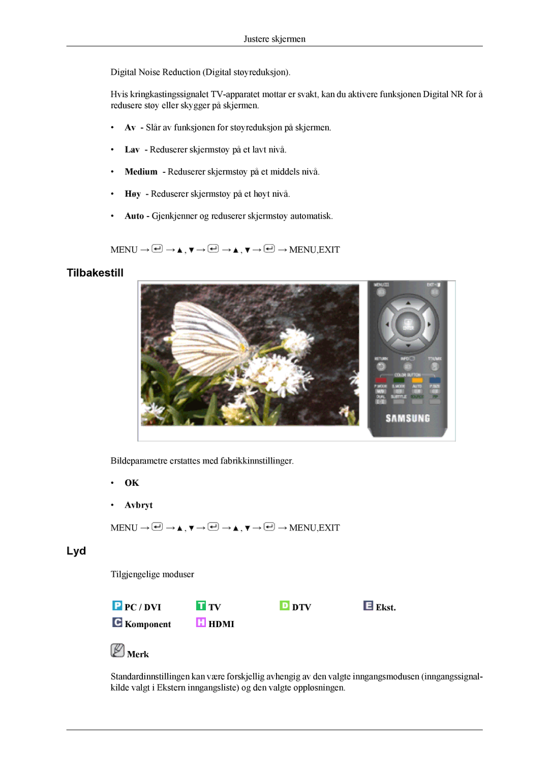 Samsung LS19CFVKF/XE, LS19CFEKF/EN manual Tilbakestill, Lyd 