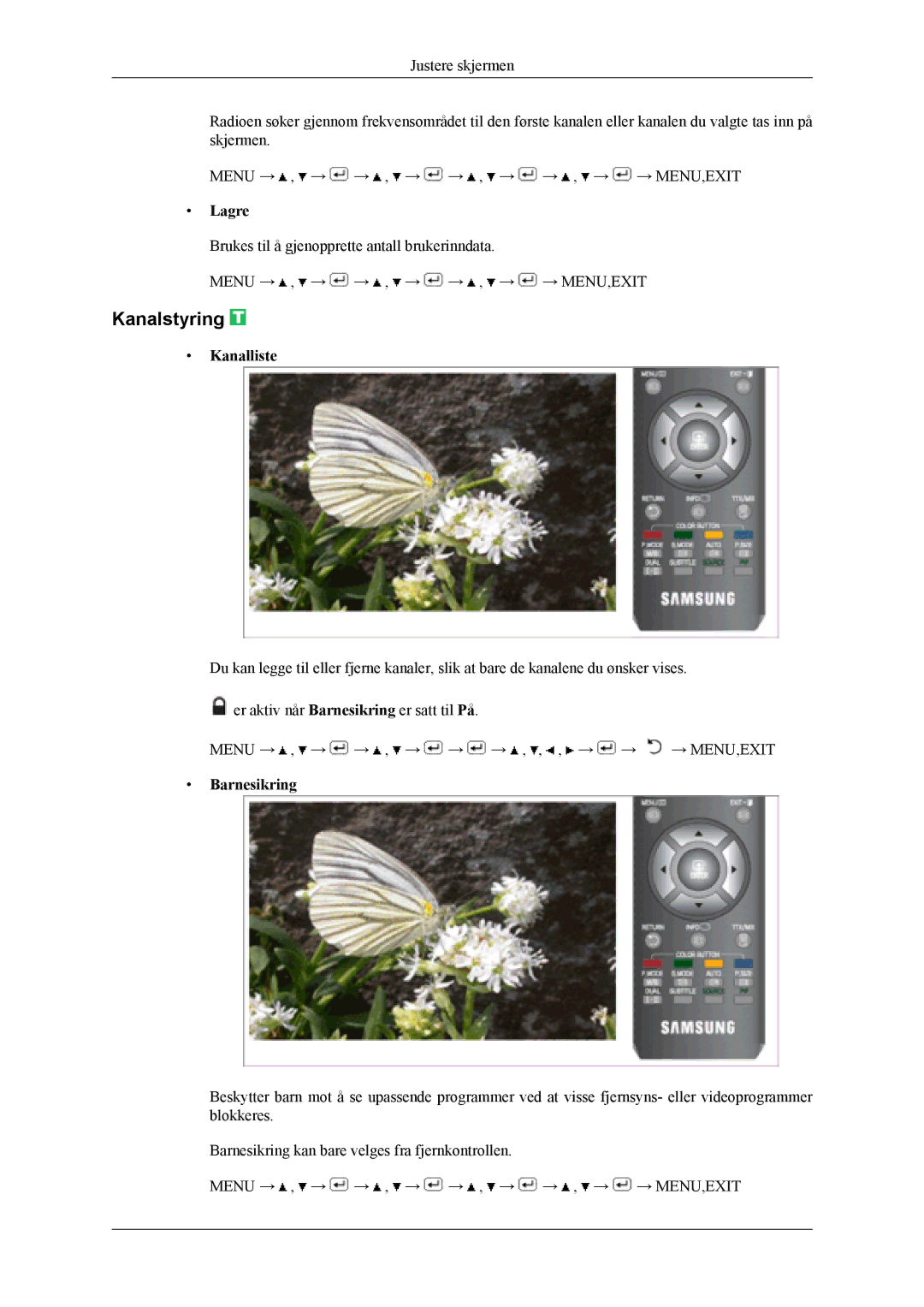 Samsung LS19CFEKF/EN, LS19CFVKF/XE manual Kanalstyring, Lagre, Kanalliste, Barnesikring 