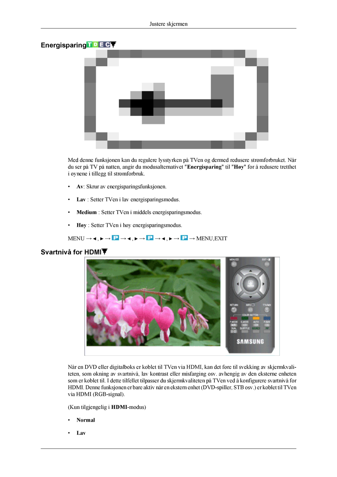 Samsung LS19CFVKF/XE, LS19CFEKF/EN manual Energisparing, Svartnivå for Hdmi, Normal Lav 