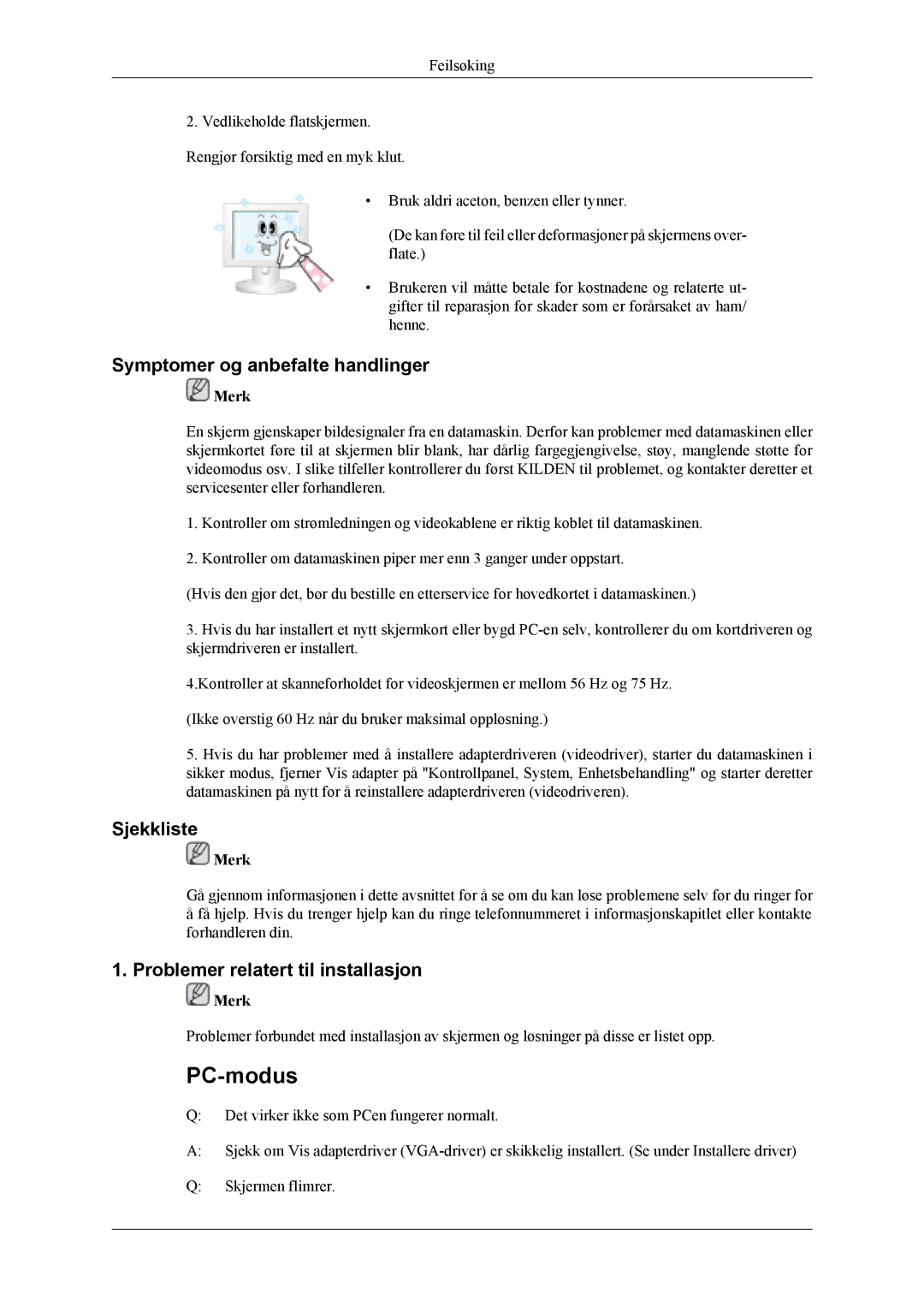 Samsung LS19CFVKF/XE, LS19CFEKF/EN manual Symptomer og anbefalte handlinger, Sjekkliste, Problemer relatert til installasjon 