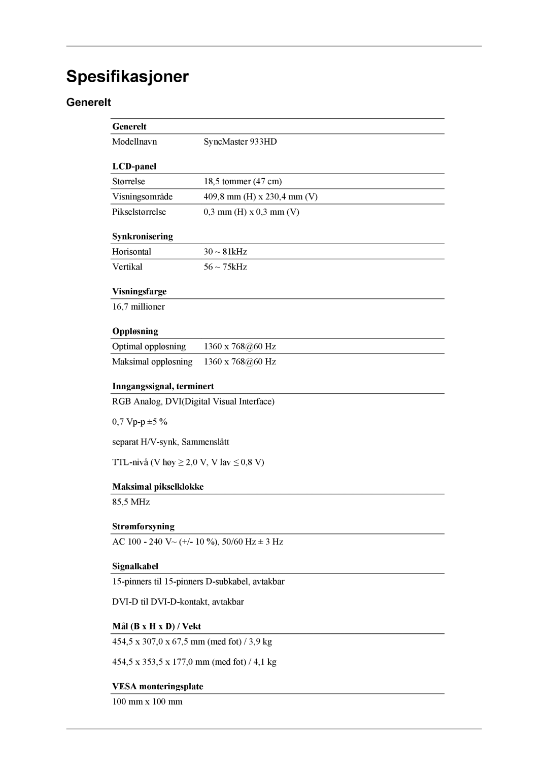 Samsung LS19CFEKF/EN, LS19CFVKF/XE manual Spesifikasjoner, Generelt 