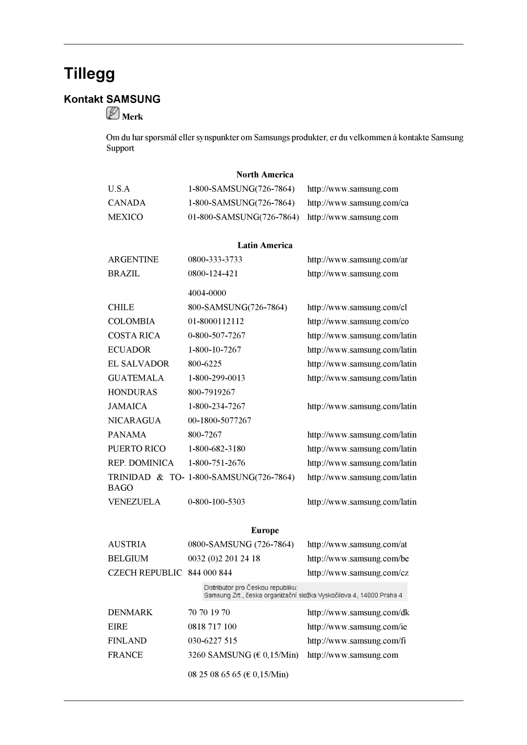 Samsung LS19CFVKF/XE, LS19CFEKF/EN manual Tillegg, Kontakt Samsung, North America, Latin America, Europe 