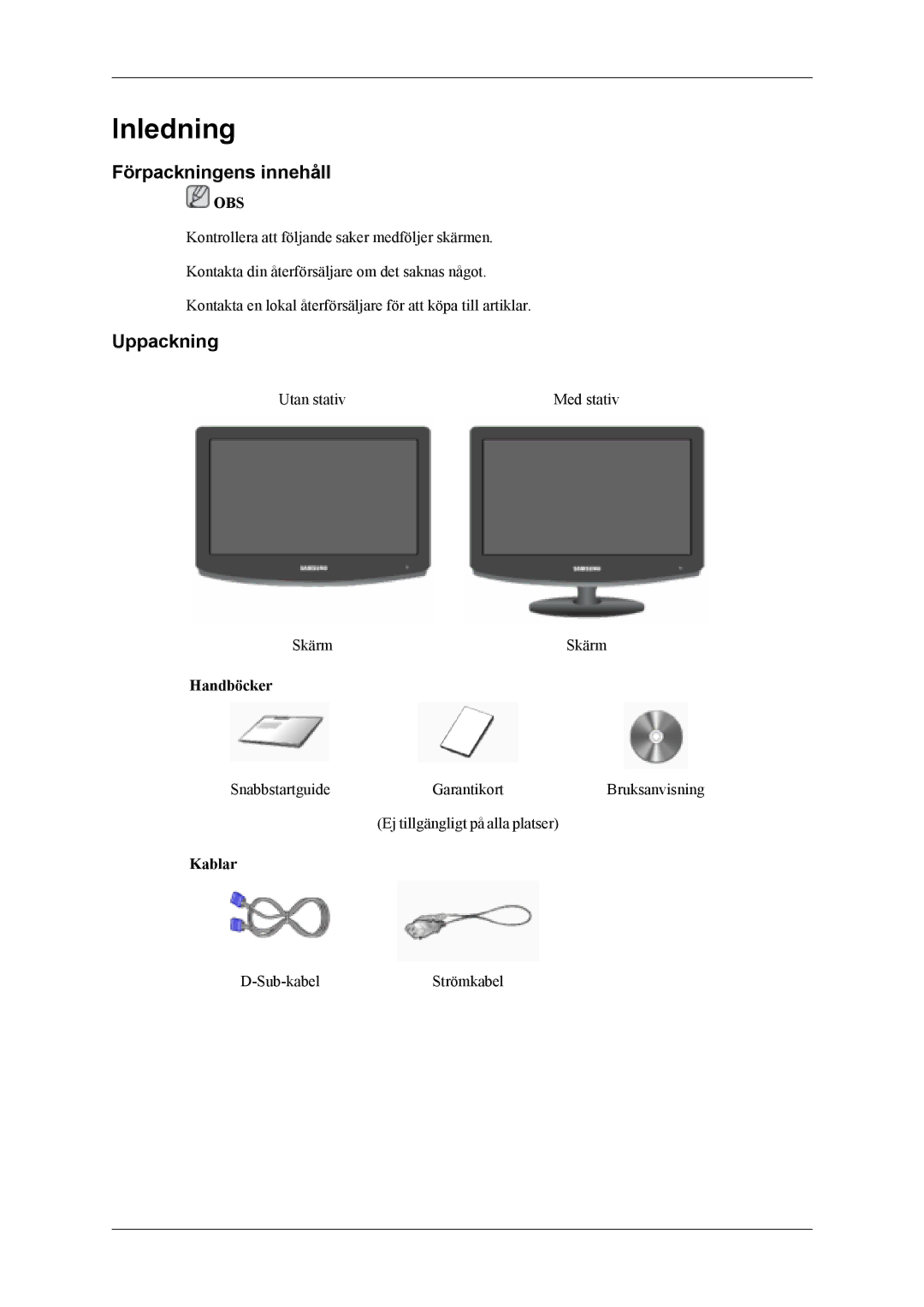 Samsung LS19CFEKF/EN, LS19CFVKF/XE manual Inledning, Förpackningens innehåll, Uppackning, Handböcker, Kablar 