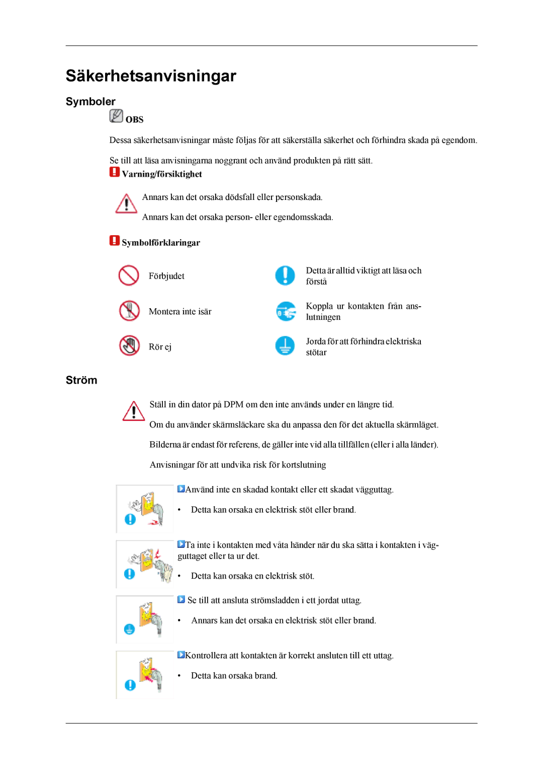 Samsung LS19CFEKF/EN, LS19CFVKF/XE manual Säkerhetsanvisningar, Symboler, Ström, Varning/försiktighet, Symbolförklaringar 