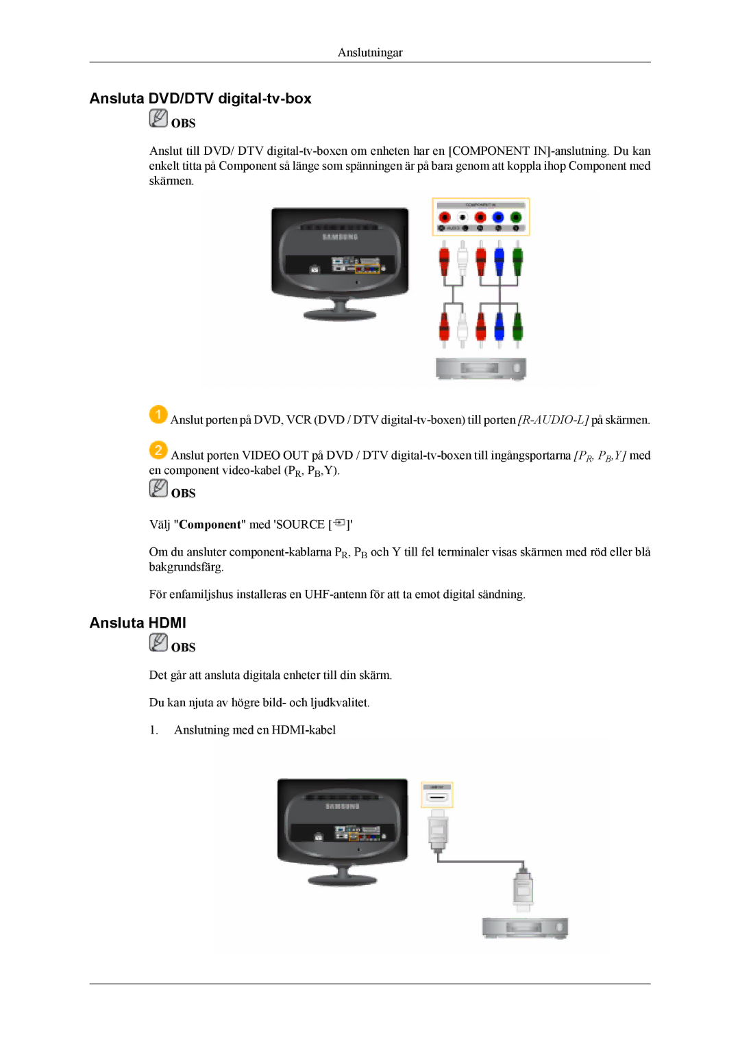 Samsung LS19CFVKF/XE, LS19CFEKF/EN manual Ansluta DVD/DTV digital-tv-box, Ansluta Hdmi 