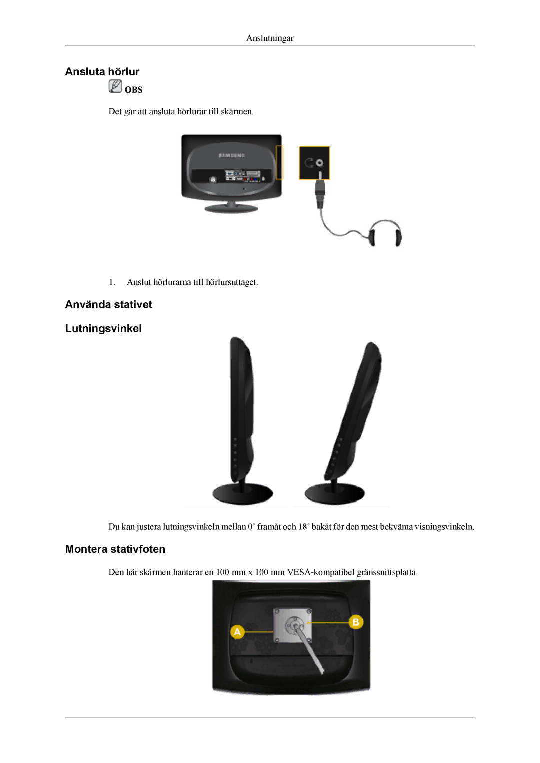 Samsung LS19CFEKF/EN, LS19CFVKF/XE manual Ansluta hörlur, Använda stativet Lutningsvinkel, Montera stativfoten 