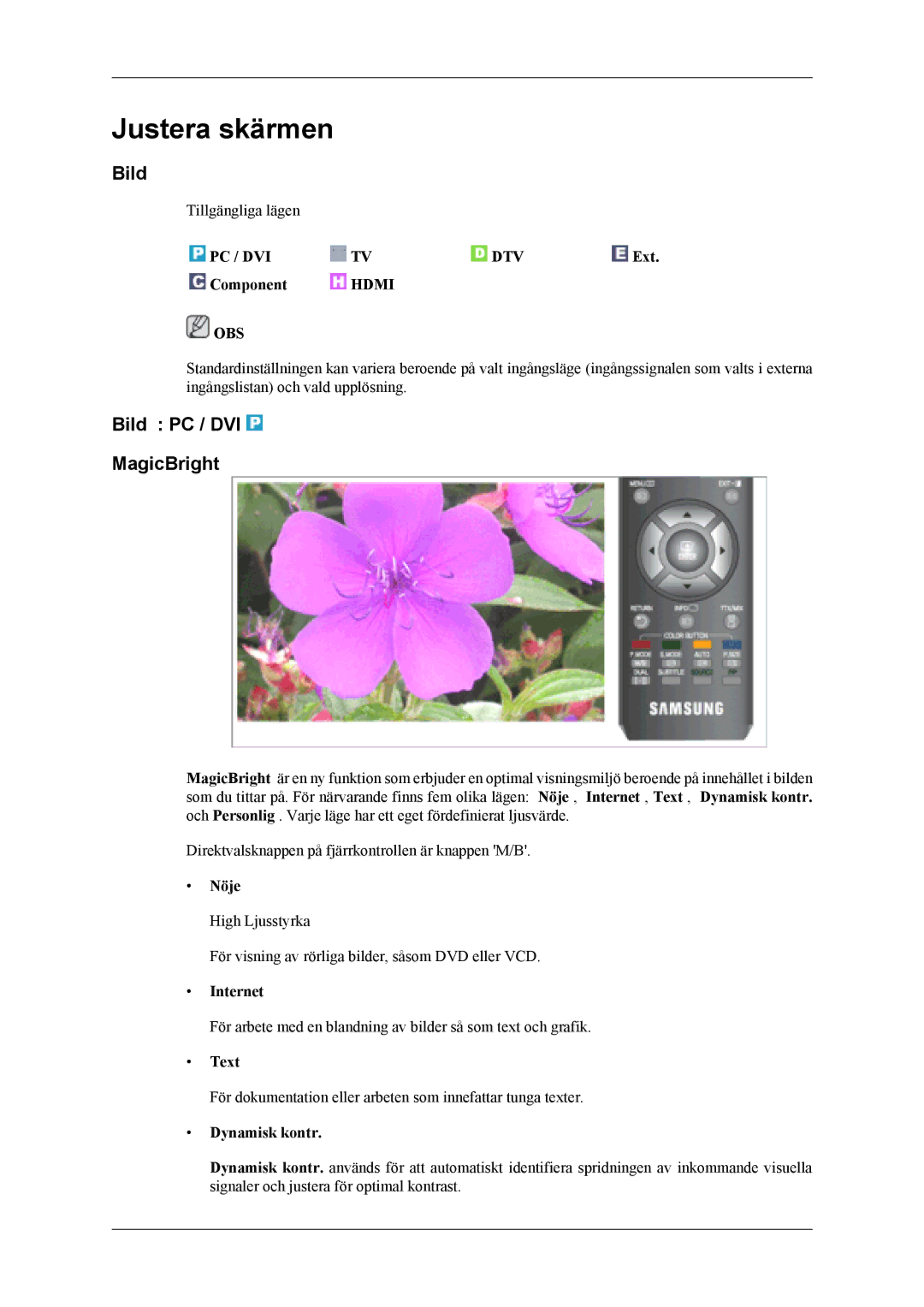 Samsung LS19CFEKF/EN, LS19CFVKF/XE manual Justera skärmen, Bild PC / DVI MagicBright 