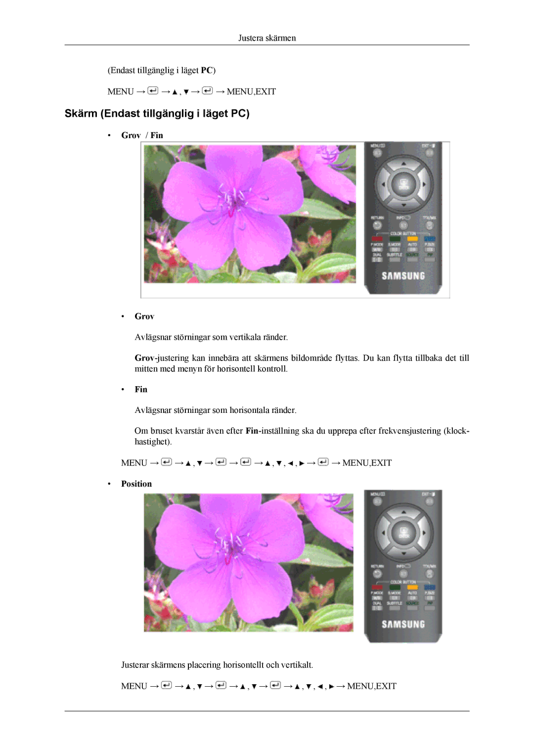 Samsung LS19CFEKF/EN, LS19CFVKF/XE manual Skärm Endast tillgänglig i läget PC, Grov / Fin, Position 