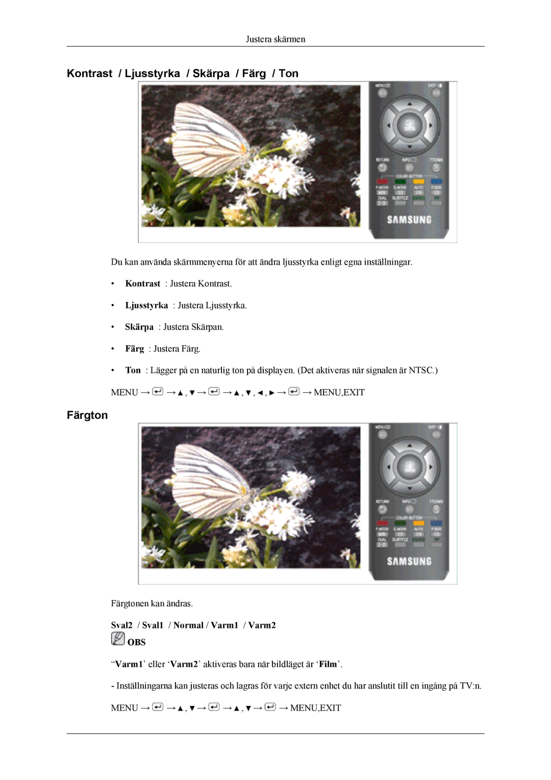 Samsung LS19CFEKF/EN manual Kontrast / Ljusstyrka / Skärpa / Färg / Ton, Färgton, Sval2 / Sval1 / Normal / Varm1 / Varm2 