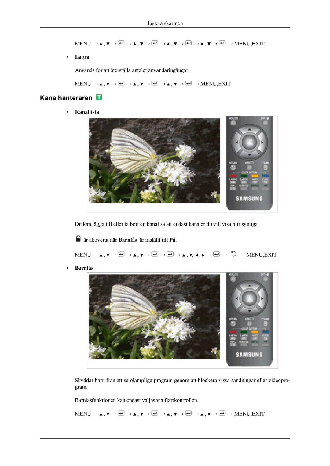 Samsung LS19CFEKF/EN, LS19CFVKF/XE manual Kanalhanteraren, Lagra, Kanallista, Barnlås 