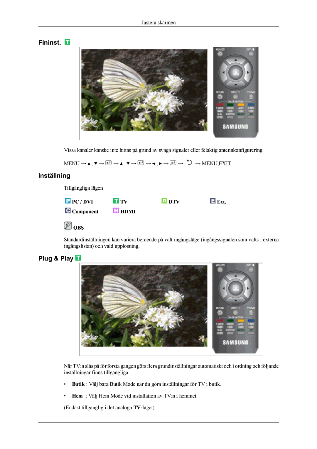 Samsung LS19CFEKF/EN, LS19CFVKF/XE manual Fininst, Inställning, Plug & Play 