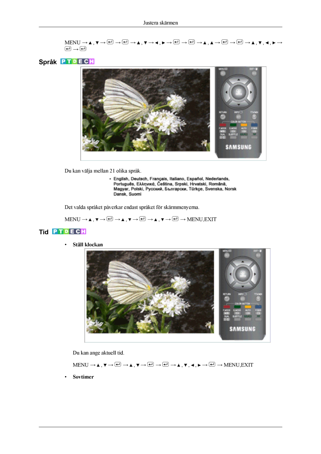 Samsung LS19CFVKF/XE, LS19CFEKF/EN manual Språk, Tid, Ställ klockan, Sovtimer 