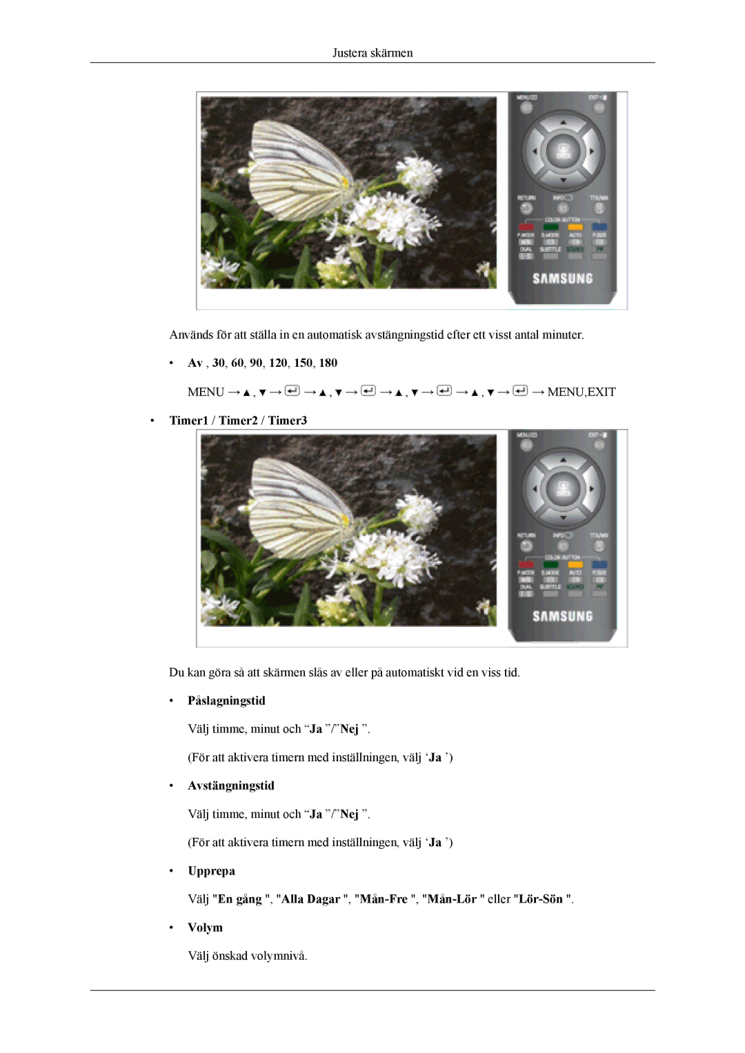 Samsung LS19CFEKF/EN, LS19CFVKF/XE Av , 30, 60, 90, 120, 150, Timer1 / Timer2 / Timer3, Påslagningstid, Avstängningstid 