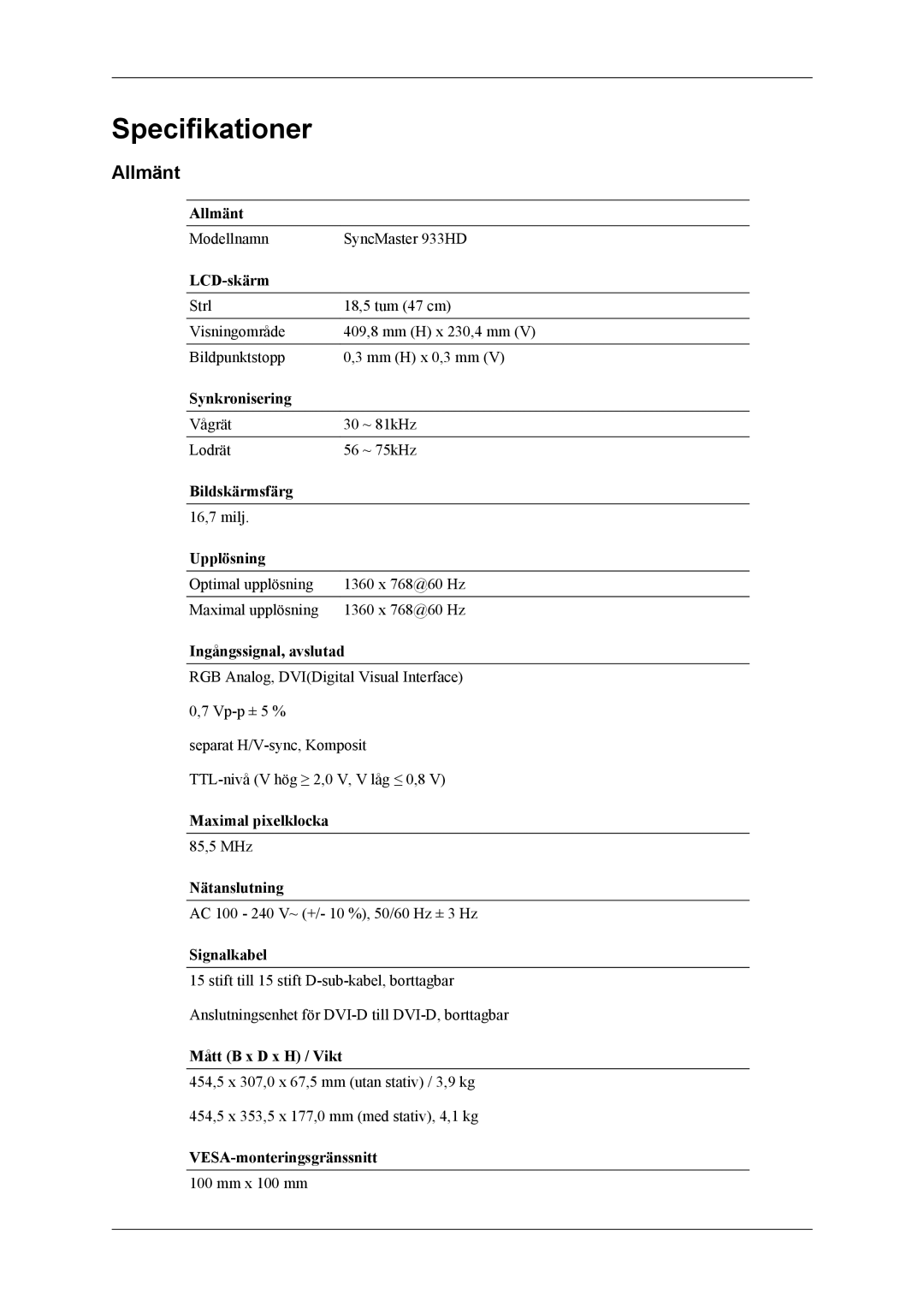 Samsung LS19CFEKF/EN, LS19CFVKF/XE manual Specifikationer, Allmänt 