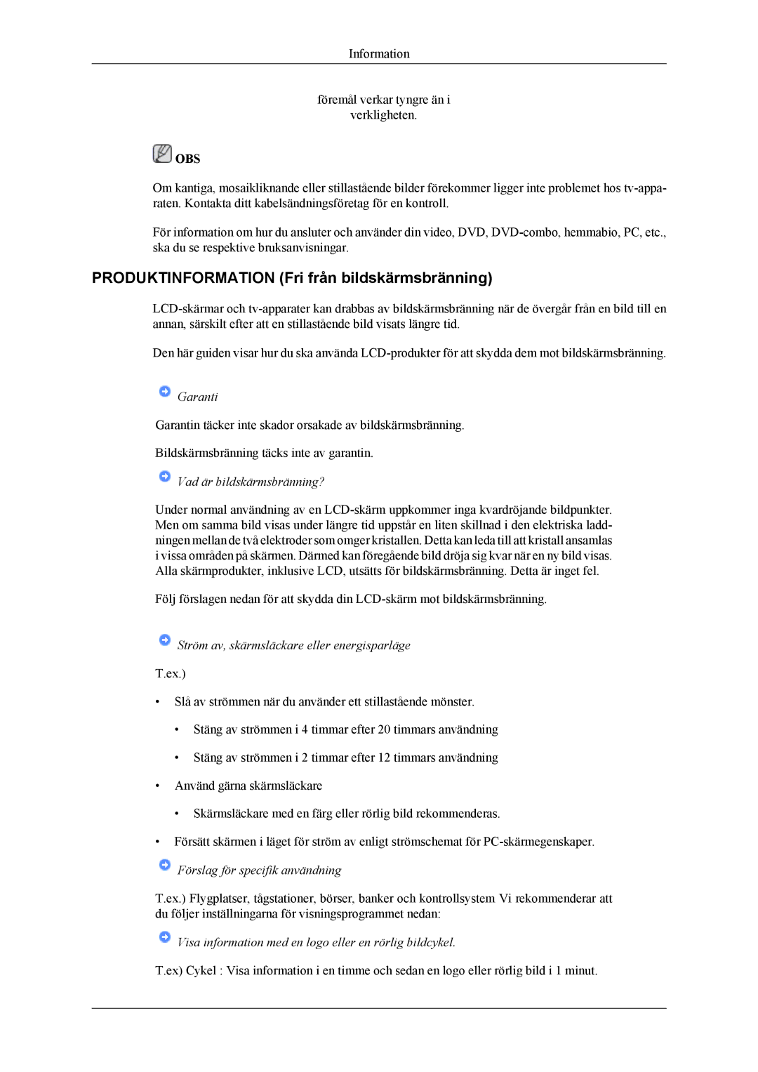 Samsung LS19CFEKF/EN, LS19CFVKF/XE manual Produktinformation Fri från bildskärmsbränning, Garanti 