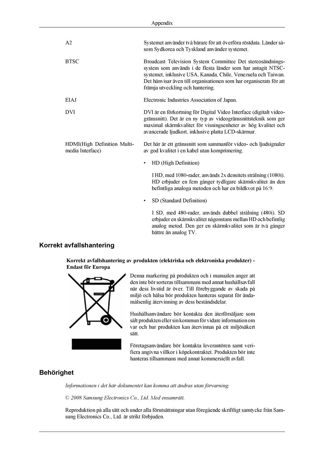 Samsung LS19CFVKF/XE, LS19CFEKF/EN manual Korrekt avfallshantering, Behörighet 