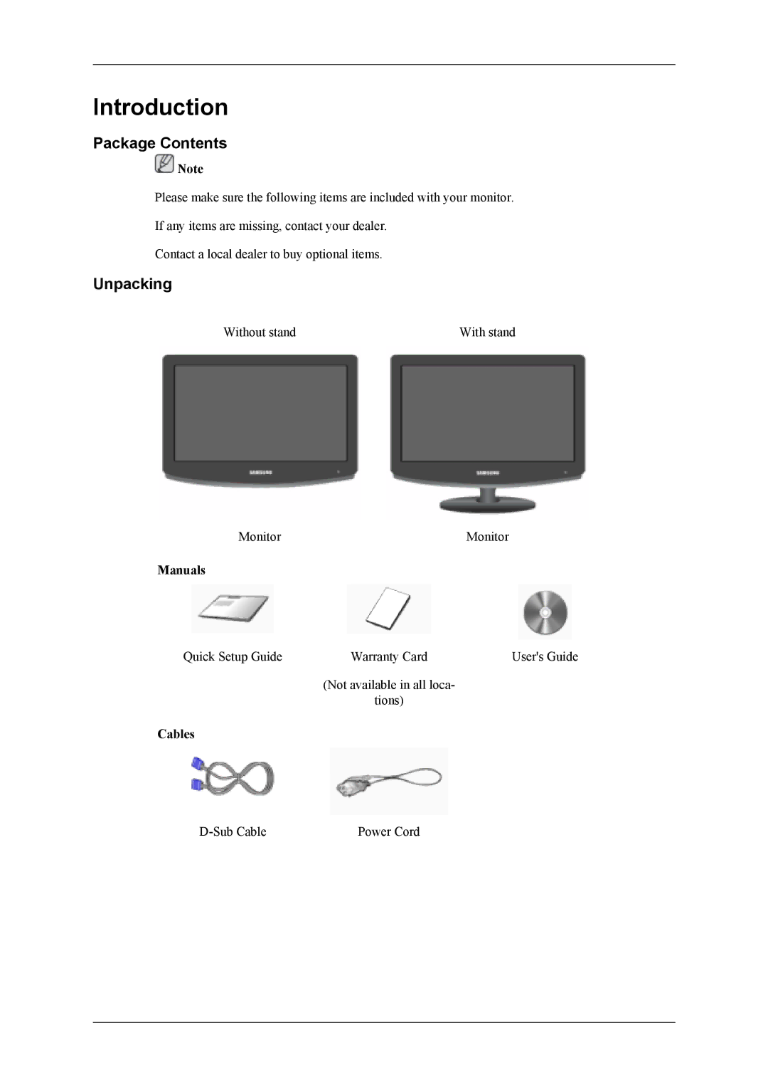 Samsung LS19CFVKF/EN, LS19CFEKF/EN, LS19CFEKH/EN, LS19CFVKH/EN, LS19CFVKF/XE manual Introduction, Package Contents, Unpacking 