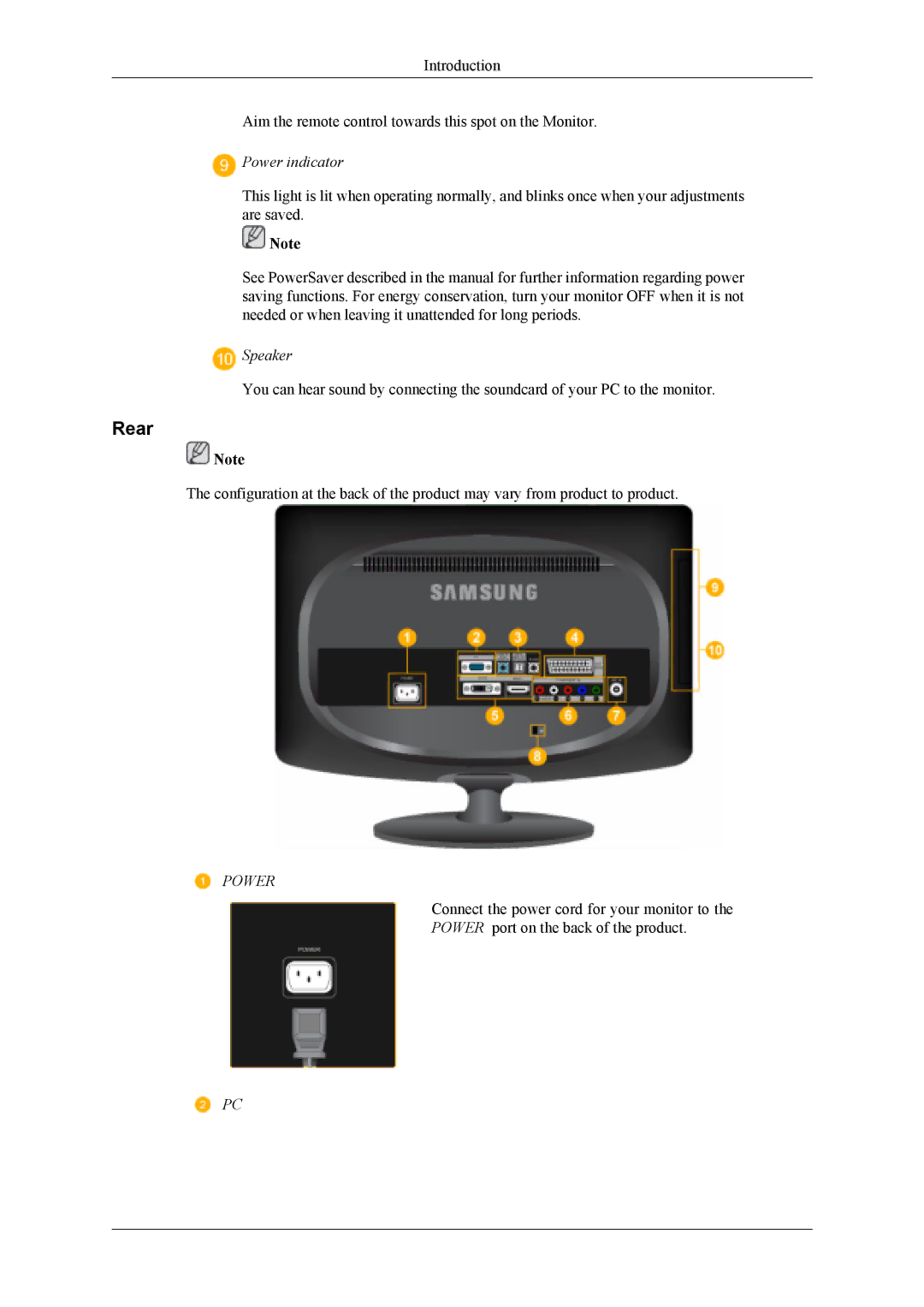 Samsung LS19CFVKH/EN, LS19CFVKF/EN, LS19CFEKF/EN, LS19CFEKH/EN, LS19CFVKF/XE manual Rear, Power indicator 