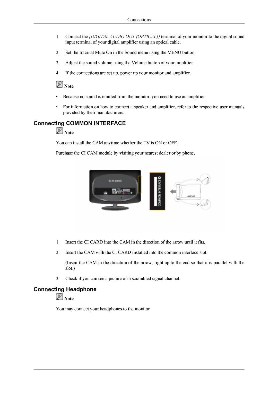 Samsung LS19CFVKF/EN, LS19CFEKF/EN, LS19CFEKH/EN, LS19CFVKH/EN manual Connecting Common Interface, Connecting Headphone 