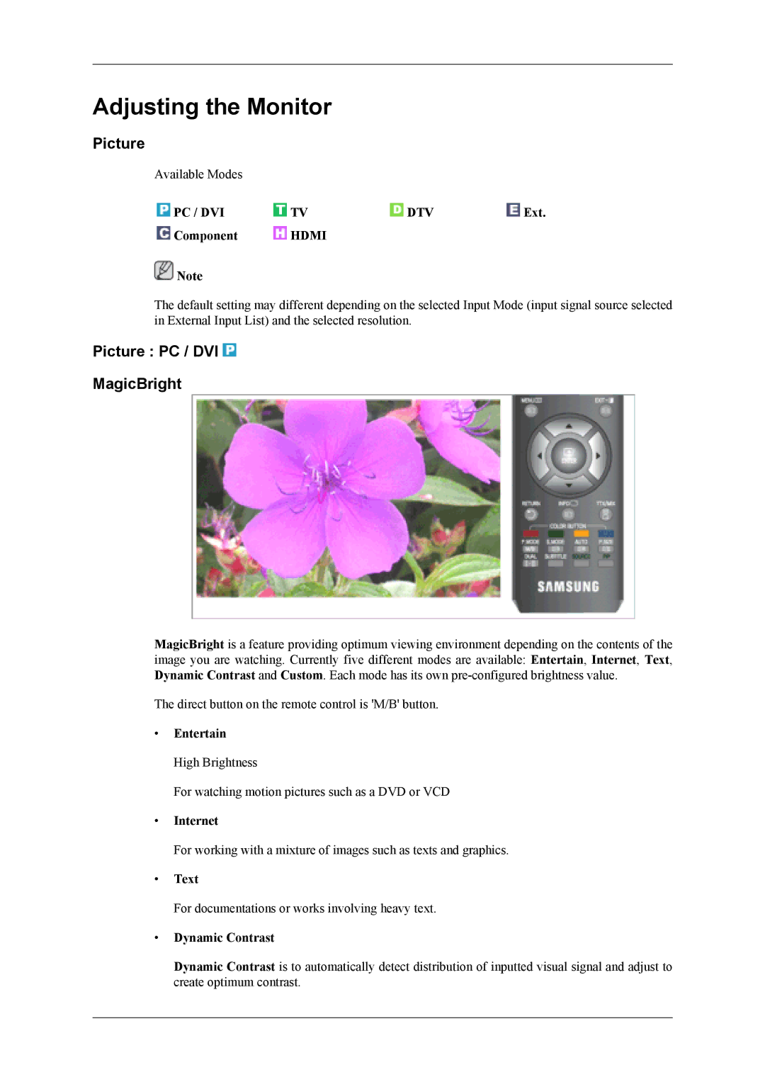 Samsung LS19CFEKH/EN, LS19CFVKF/EN, LS19CFEKF/EN, LS19CFVKH/EN manual Adjusting the Monitor, Picture PC / DVI MagicBright 