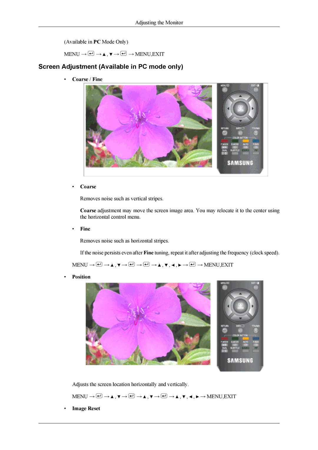 Samsung LS19CFVKF/XE, LS19CFVKF/EN manual Screen Adjustment Available in PC mode only, Coarse / Fine, Position, Image Reset 