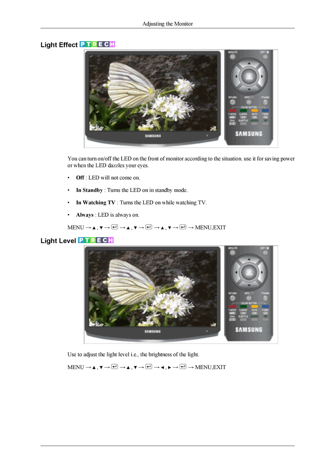 Samsung LS19CFEKH/EN, LS19CFVKF/EN, LS19CFEKF/EN, LS19CFVKH/EN, LS19CFVKF/XE manual Light Effect, Light Level 