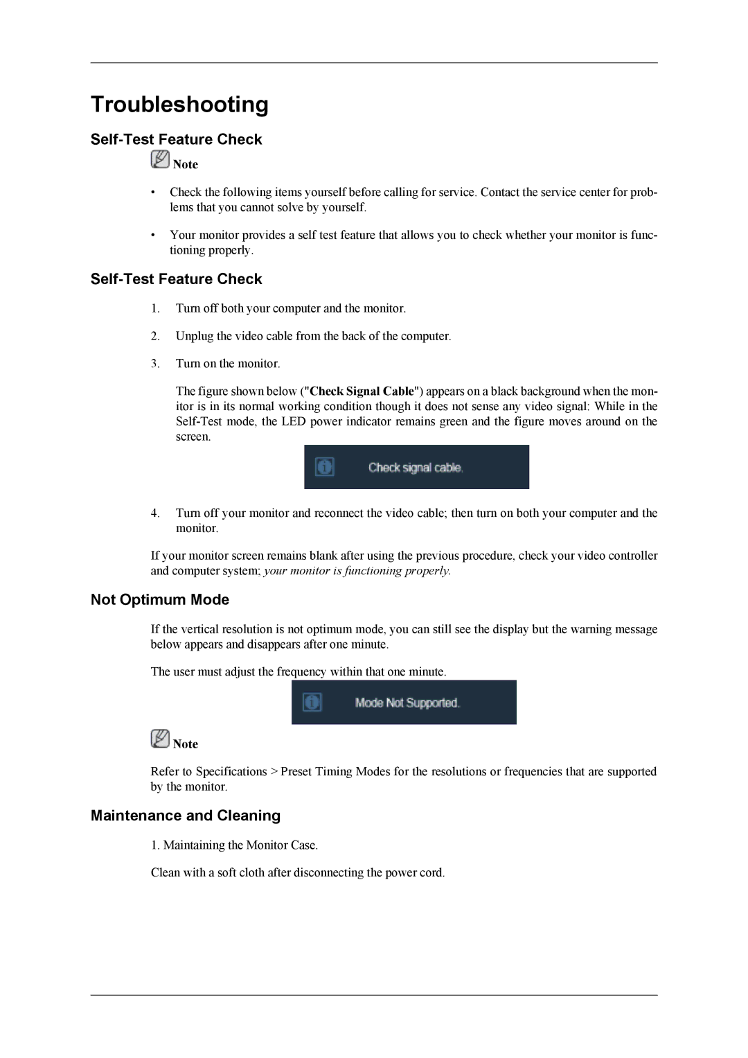 Samsung LS19CFEKF/EN, LS19CFVKF/EN Troubleshooting, Self-Test Feature Check, Not Optimum Mode, Maintenance and Cleaning 