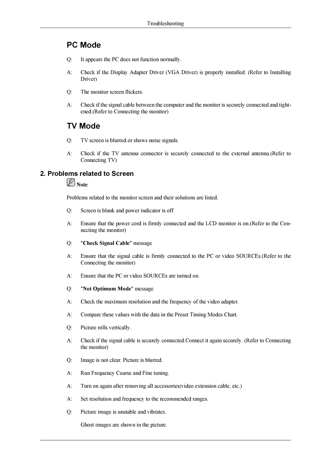 Samsung LS19CFVKH/EN, LS19CFVKF/EN manual Problems related to Screen, Check Signal Cable message, Not Optimum Mode message 