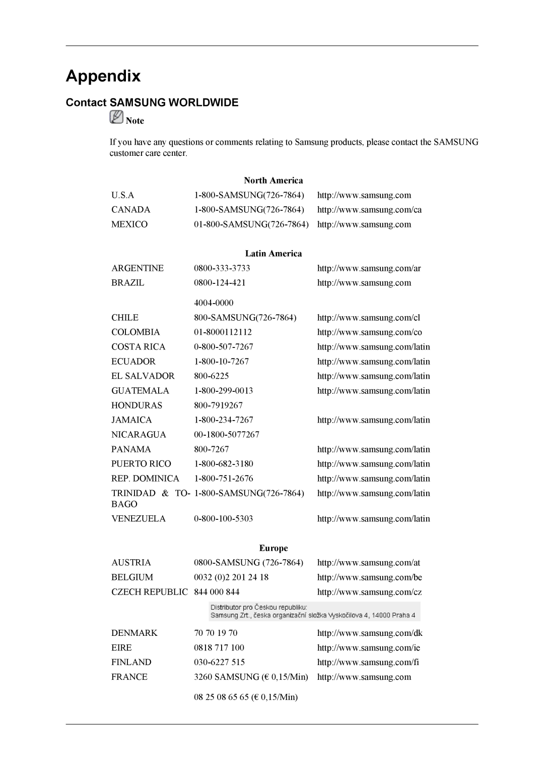 Samsung LS19CFVKF/XE, LS19CFVKF/EN, LS19CFEKF/EN Appendix, Contact Samsung Worldwide, North America, Latin America, Europe 