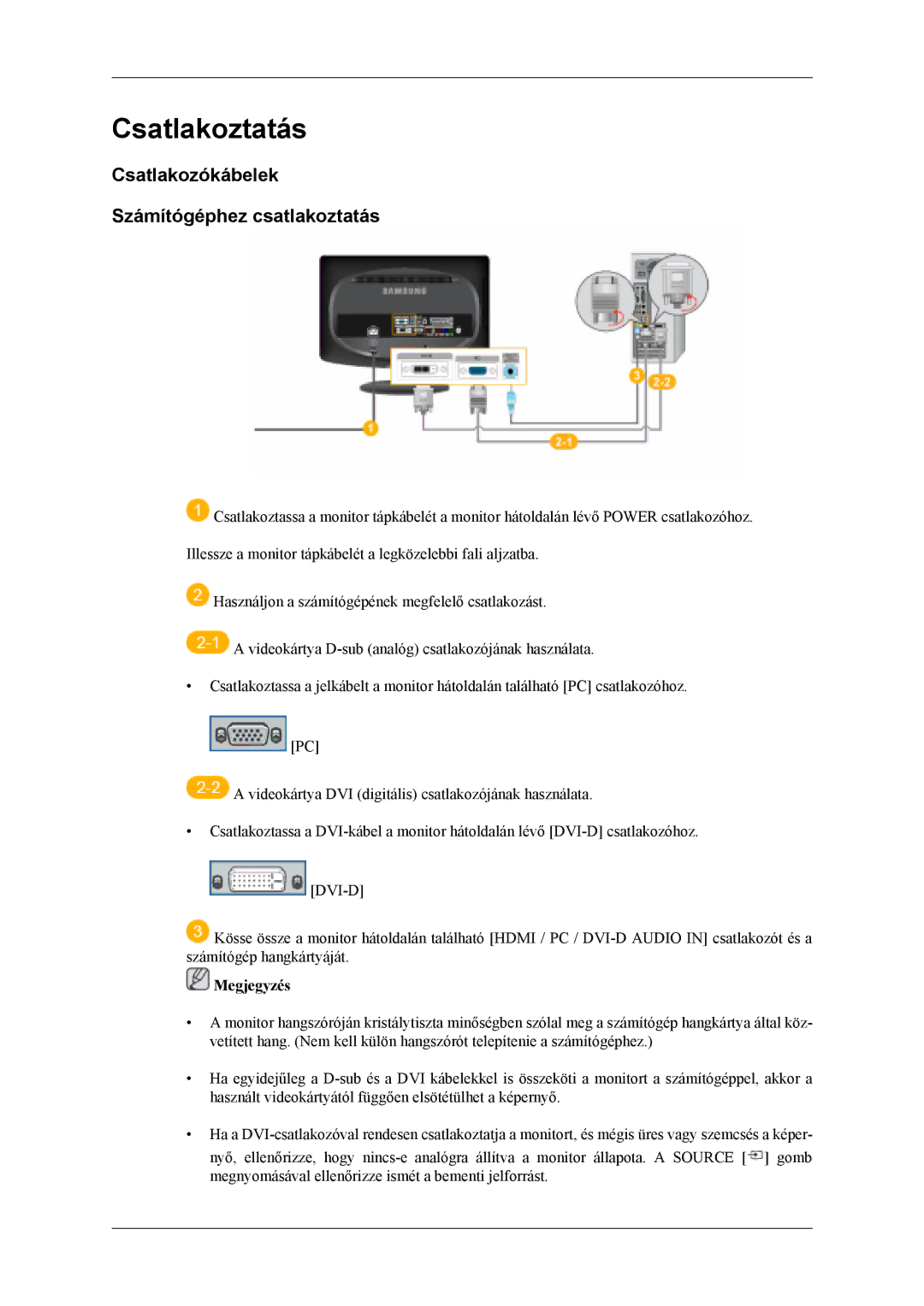 Samsung LS19CFVKF/EN, LS19CFEKF/EN, LS19CFEKH/EN manual Csatlakoztatás, Csatlakozókábelek Számítógéphez csatlakoztatás 