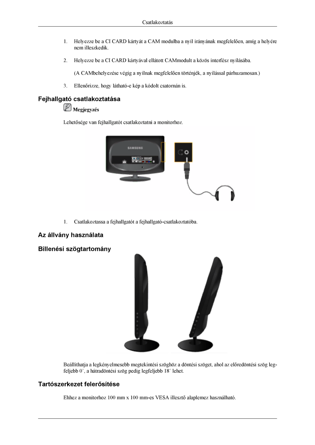 Samsung LS19CFEKF/EN, LS19CFVKF/EN, LS19CFEKH/EN Fejhallgató csatlakoztatása, Az állvány használata Billenési szögtartomány 