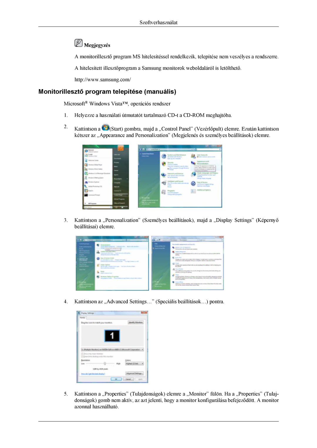 Samsung LS19CFVKF/XE, LS19CFVKF/EN, LS19CFEKF/EN, LS19CFEKH/EN, LS19CFVKH/EN manual Monitorillesztő program telepítése manuális 