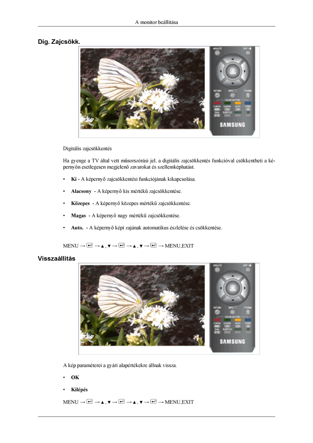 Samsung LS19CFEKH/EN, LS19CFVKF/EN, LS19CFEKF/EN, LS19CFVKH/EN, LS19CFVKF/XE manual Dig. Zajcsökk, Visszaállítás 