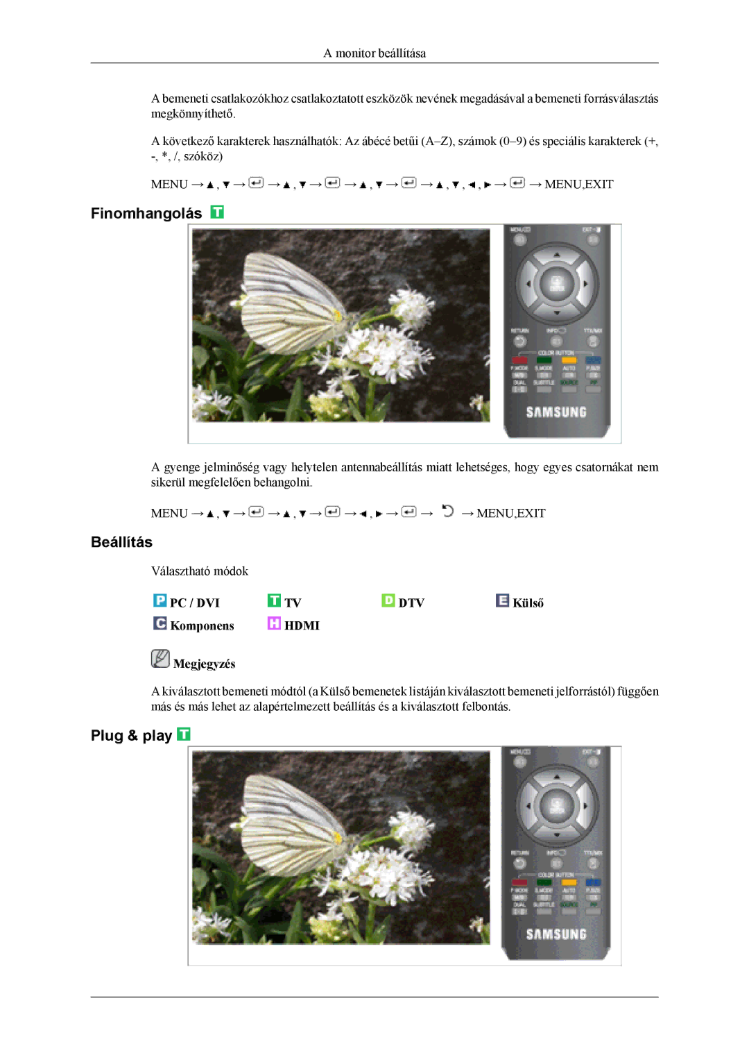 Samsung LS19CFVKF/XE, LS19CFVKF/EN, LS19CFEKF/EN, LS19CFEKH/EN, LS19CFVKH/EN manual Finomhangolás, Beállítás, Plug & play 