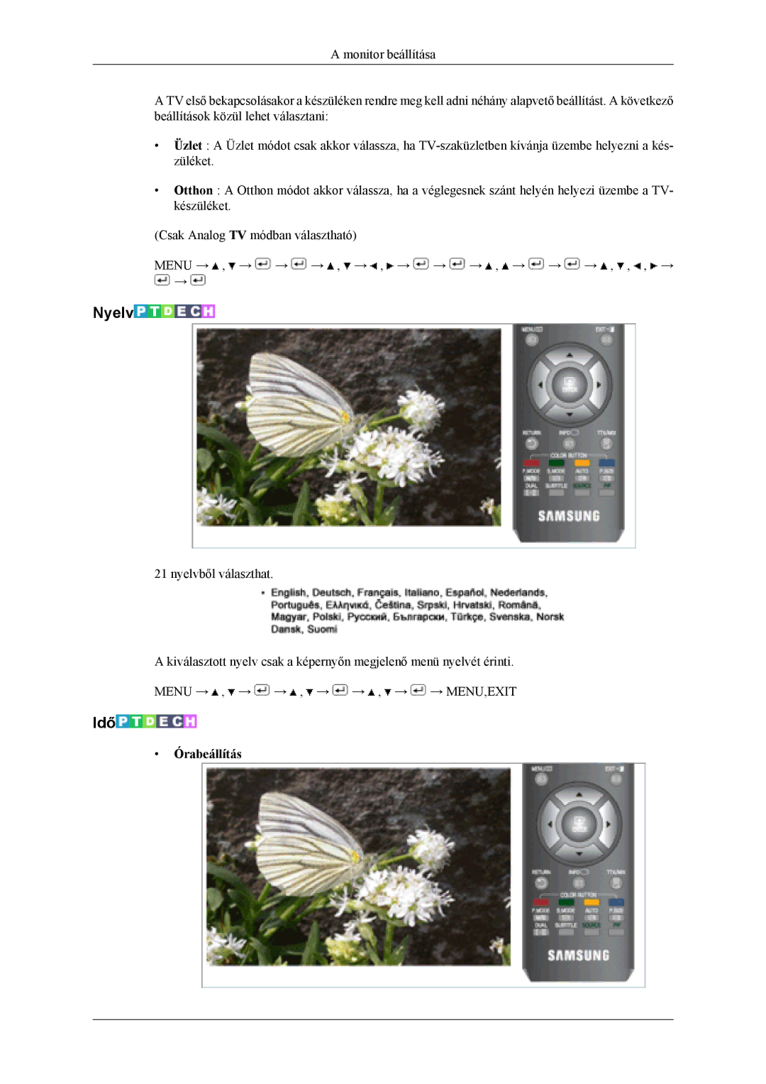 Samsung LS19CFVKF/EN, LS19CFEKF/EN, LS19CFEKH/EN, LS19CFVKH/EN, LS19CFVKF/XE manual Nyelv, Idő, Órabeállítás 