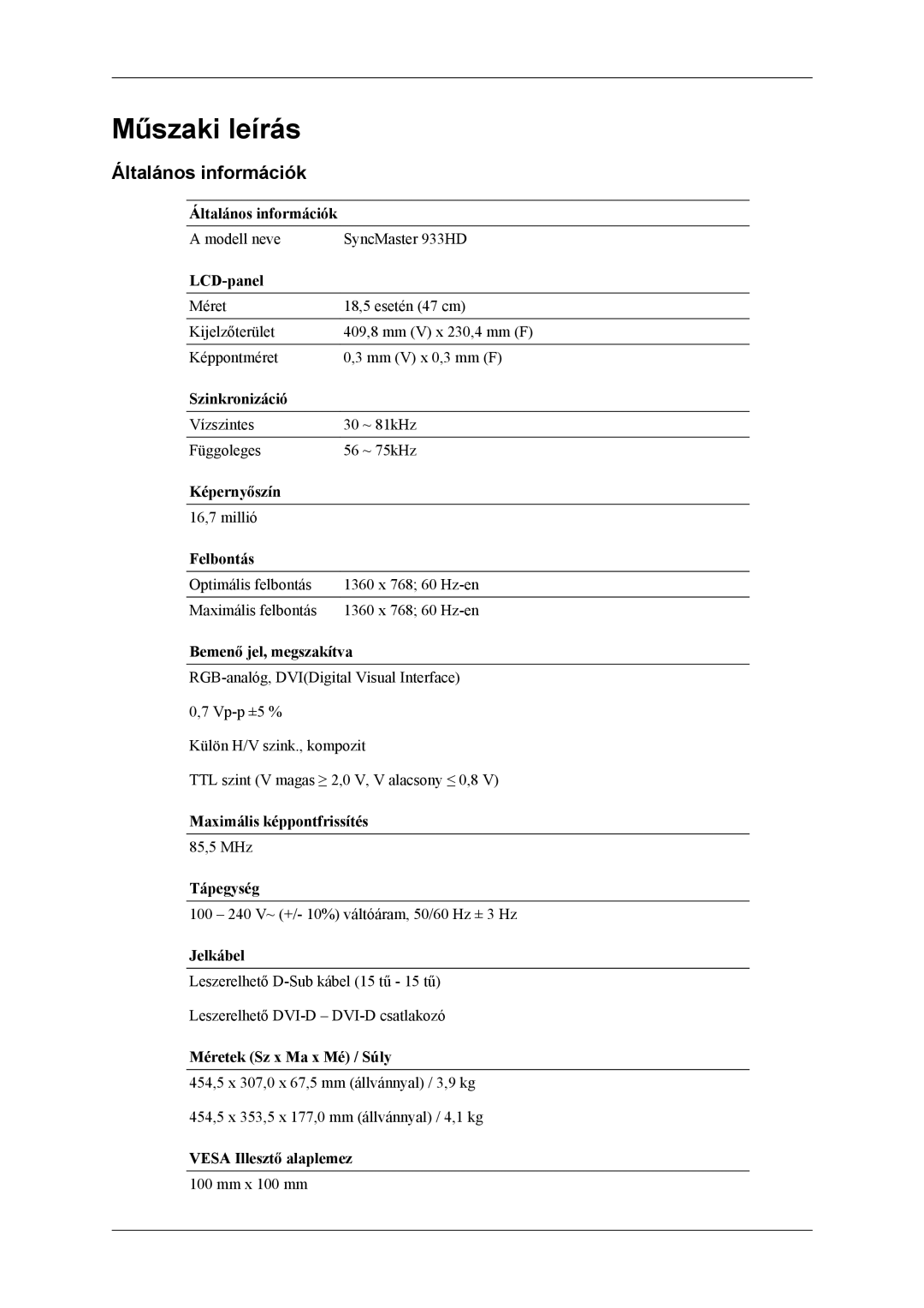 Samsung LS19CFVKF/XE, LS19CFVKF/EN, LS19CFEKF/EN, LS19CFEKH/EN, LS19CFVKH/EN manual Műszaki leírás, Általános információk 