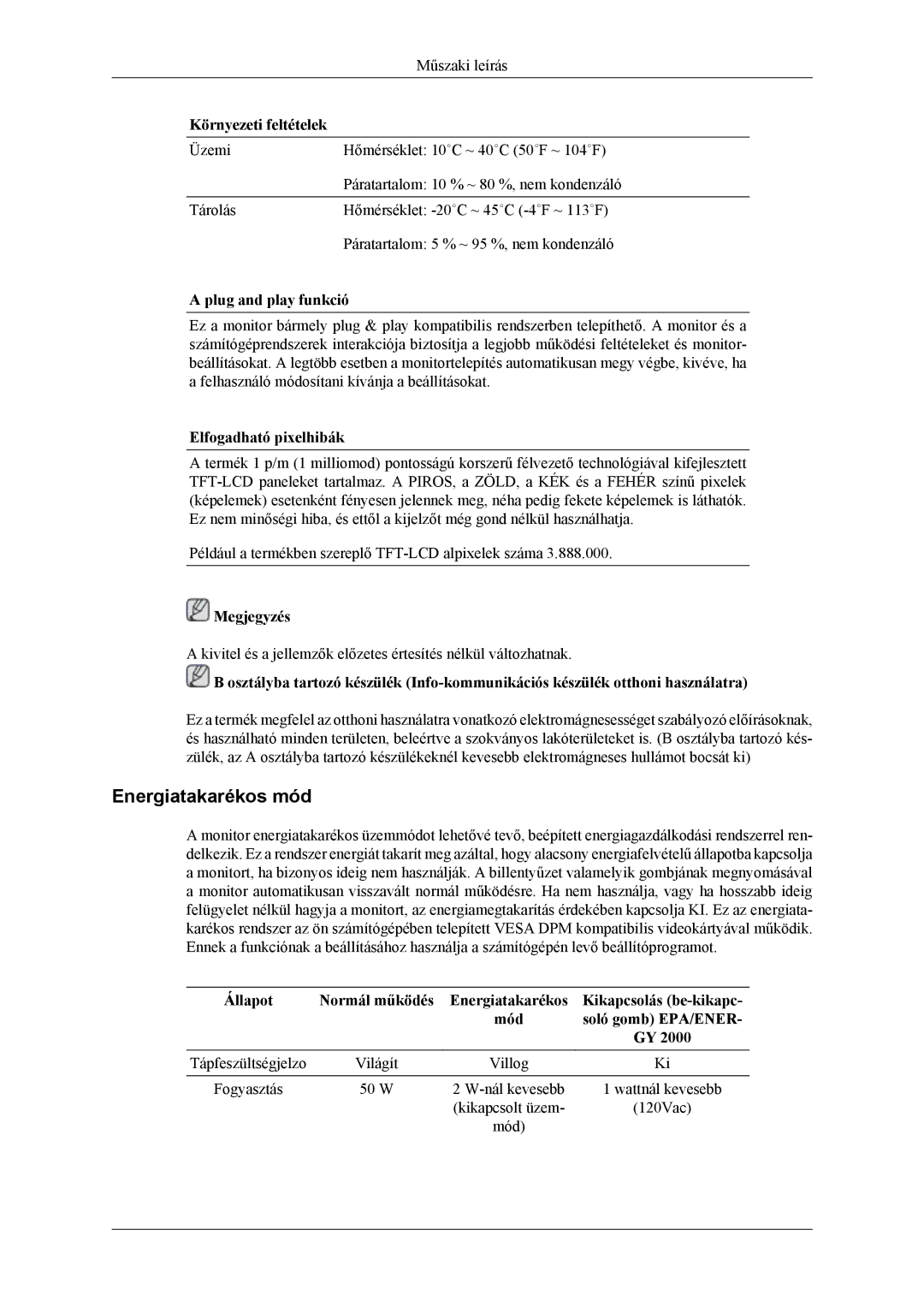 Samsung LS19CFVKF/EN manual Energiatakarékos mód, Környezeti feltételek, Plug and play funkció, Elfogadható pixelhibák 